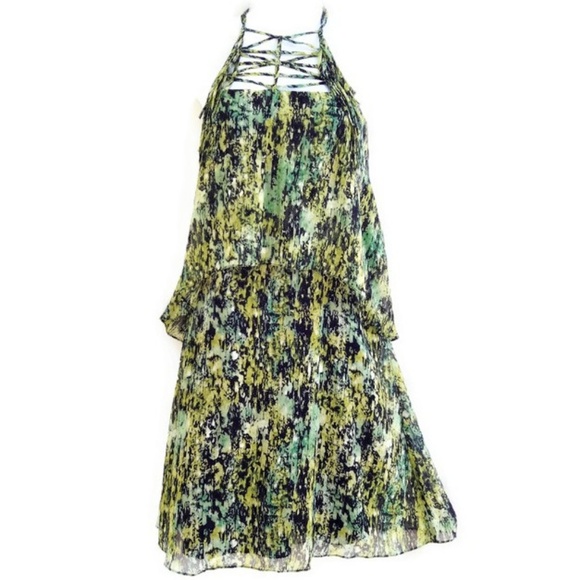 SiLK BCBGMaxAzria Green Dress Kaia Intricate Lattice Neckline Strappy Lined M - Picture 4 of 7